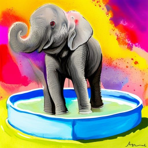 Baby Elephant Splashing: Neon Watercolor Art