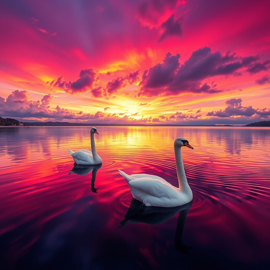 Majestic Swans in Vibrant Sunset Landscape