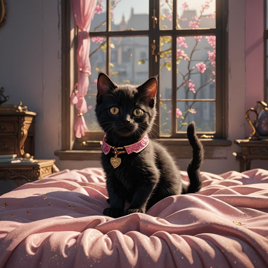 Black Kitten with Gold Eyes and Pink Collar