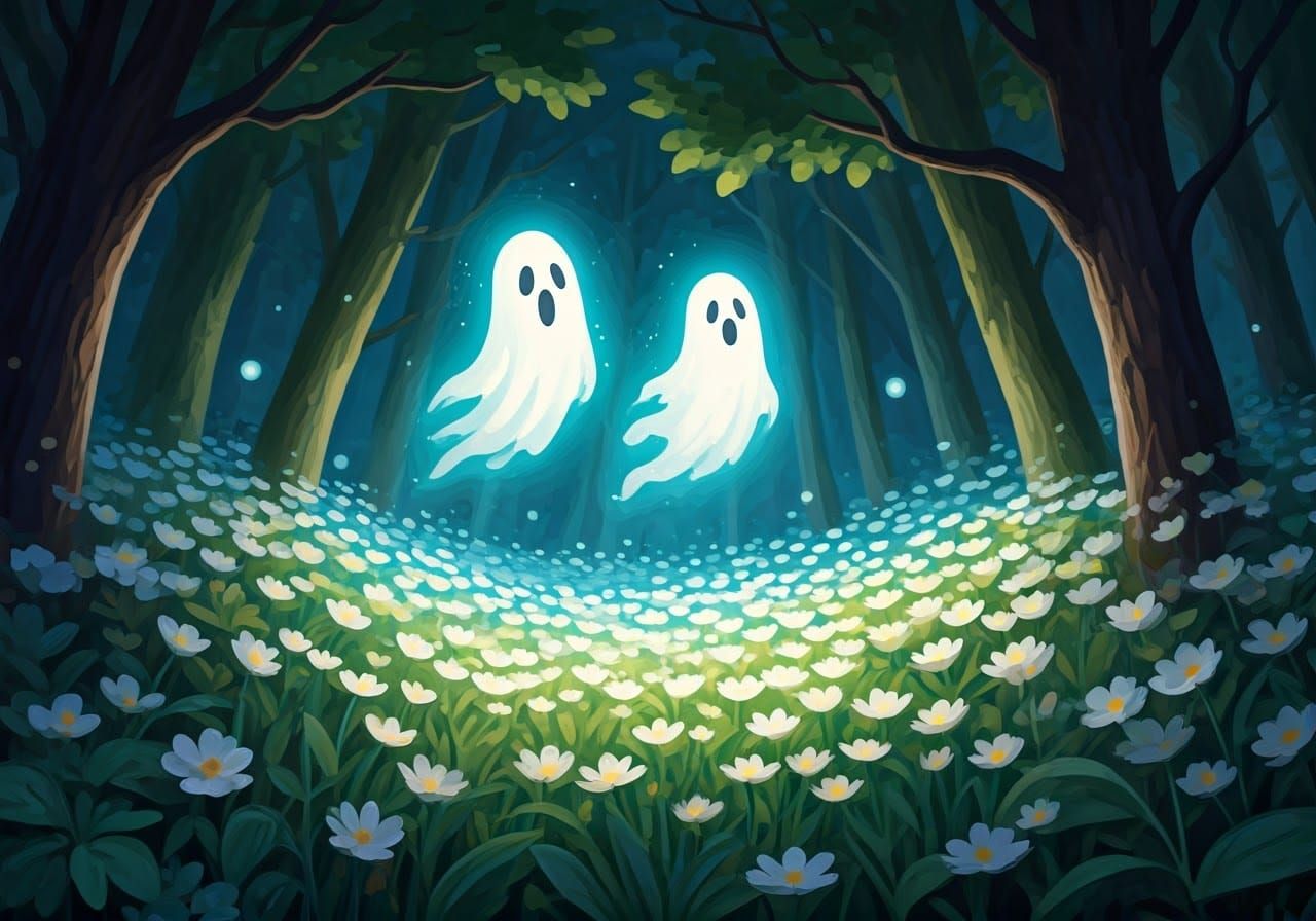 Whimsical Ghosts Dance Among Blooming Wildflowers