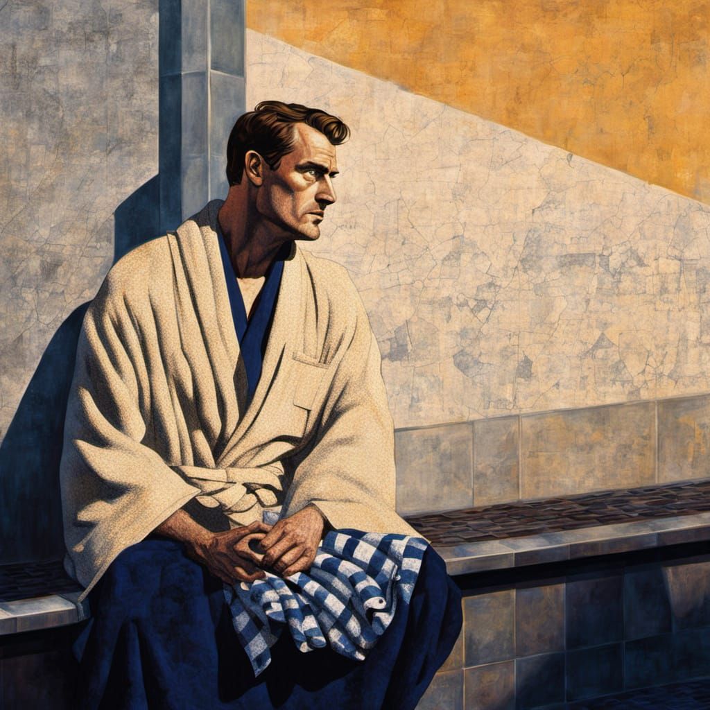 Man in Bathrobe at Train Station, Hopper Style