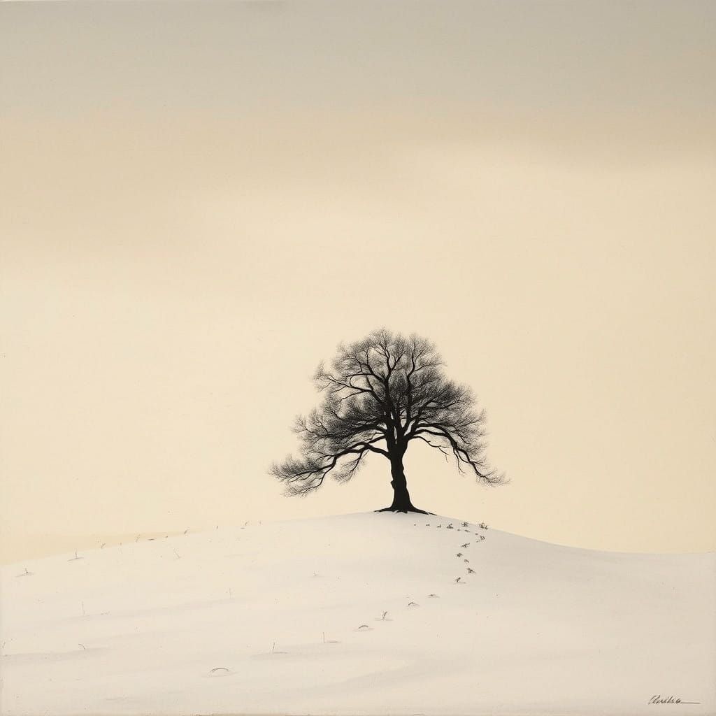 Monochromatic Winter Landscape with Lone Tree