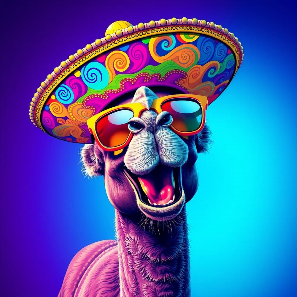 Hyperrealistic Camel Laughing in Pop Art Style