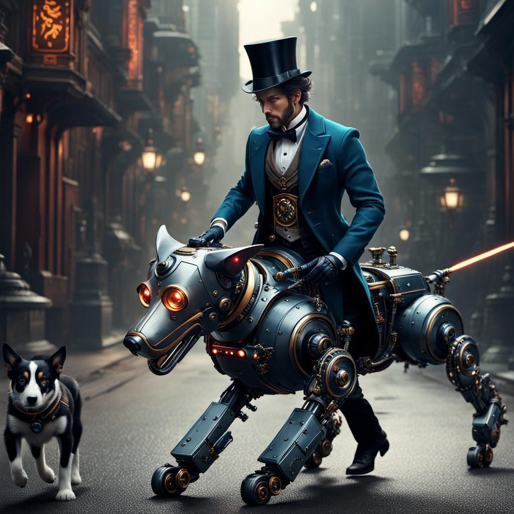 Robot Gentleman Walking a Robodog, Digital Art