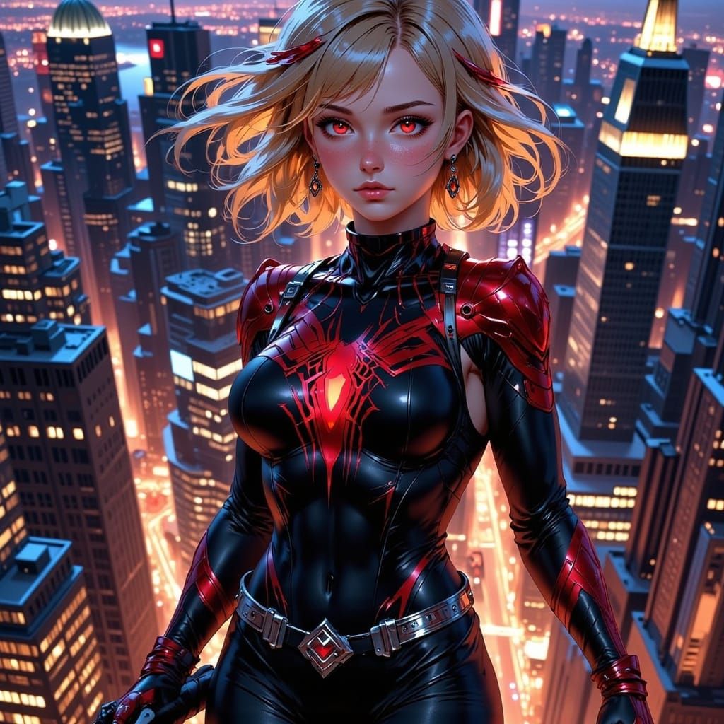 Cyberpunk Spidergirl on NYC Skyscraper at Night