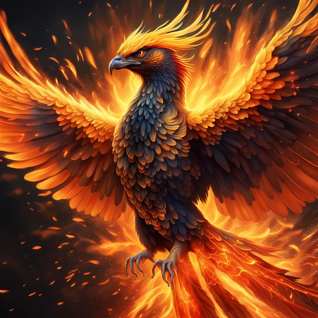 Majestic Phoenix in Mid-Air, Radiant with Blazing Feathers
