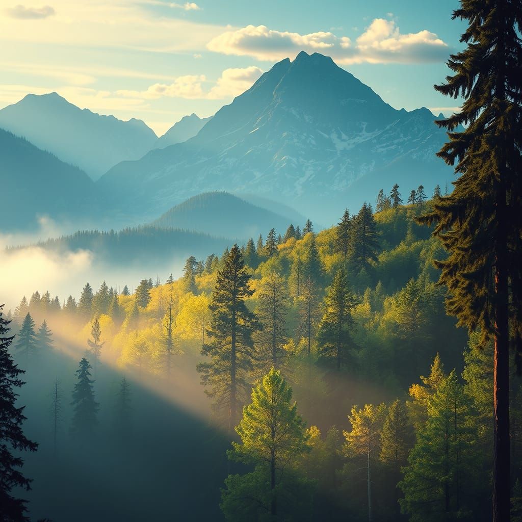 Dreamy Forest Landscape with Mountains