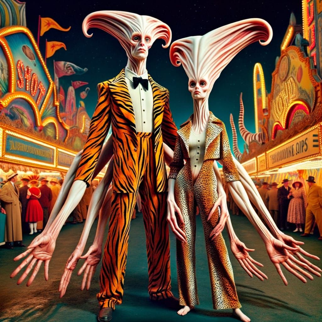 Bizarre Humanoids at 1900s Carnival, Ultra-Realistic Photo