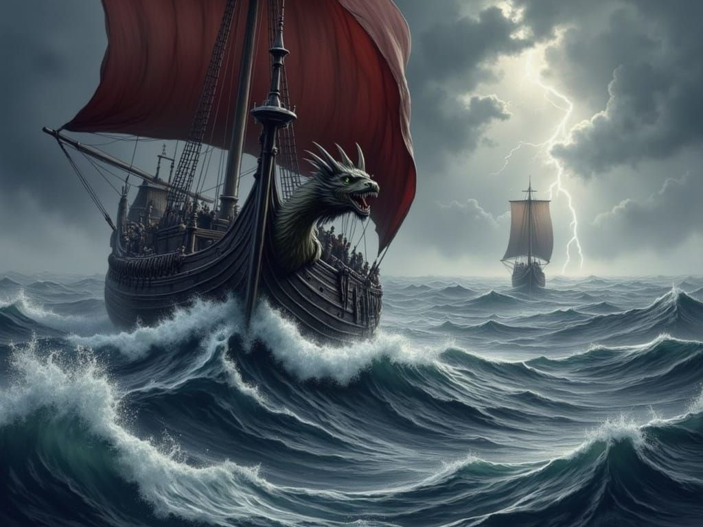 Epic Viking Longship Battles Turbulent Sea Under Ominous Sto...