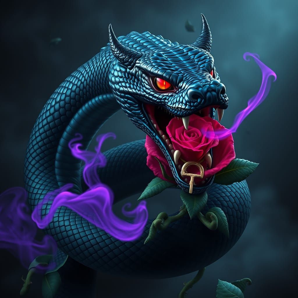 Serpent Noir Enrobant une Rose aux Reflets Bleus