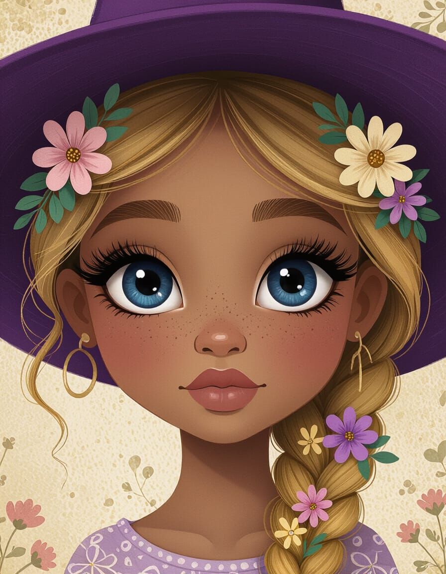 Stylized African Girl with Blue Eyes and Floral Braid