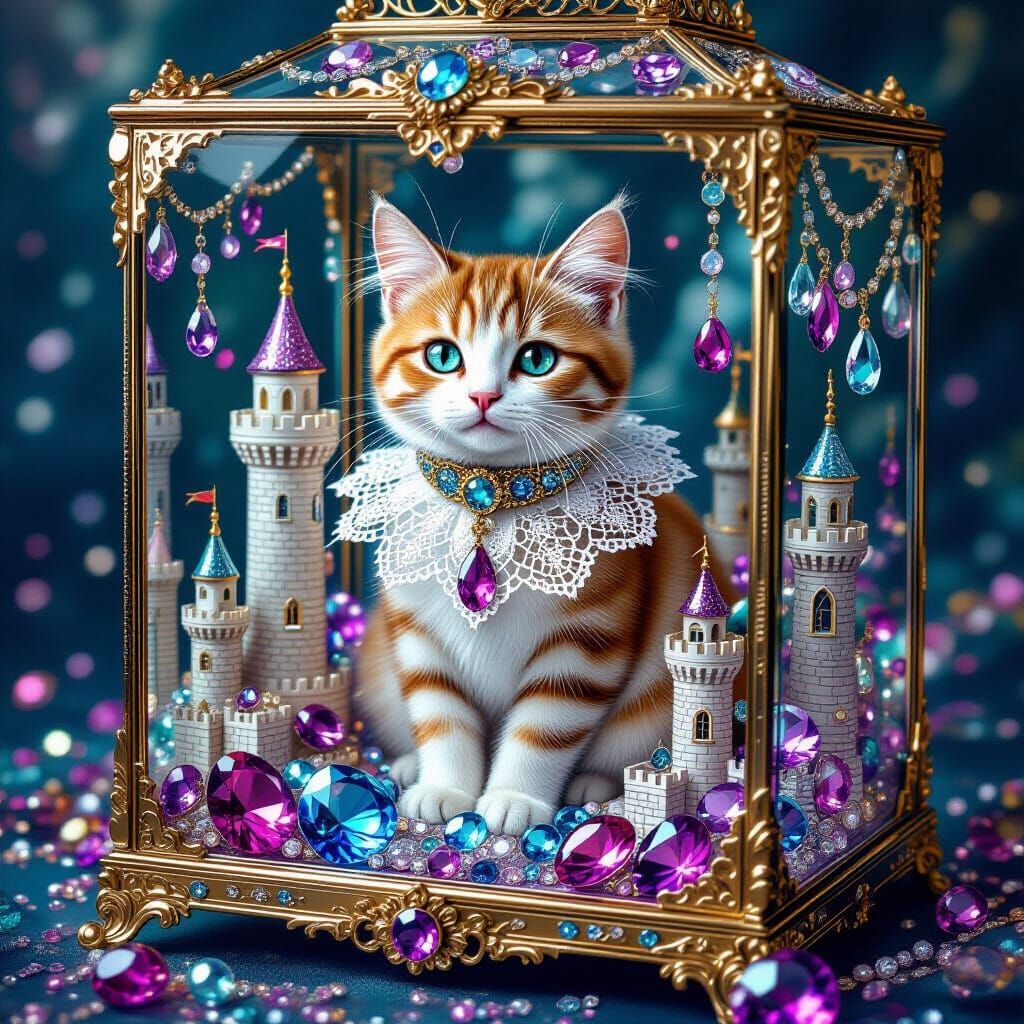 Miniature Cat in Jeweled Glass Box