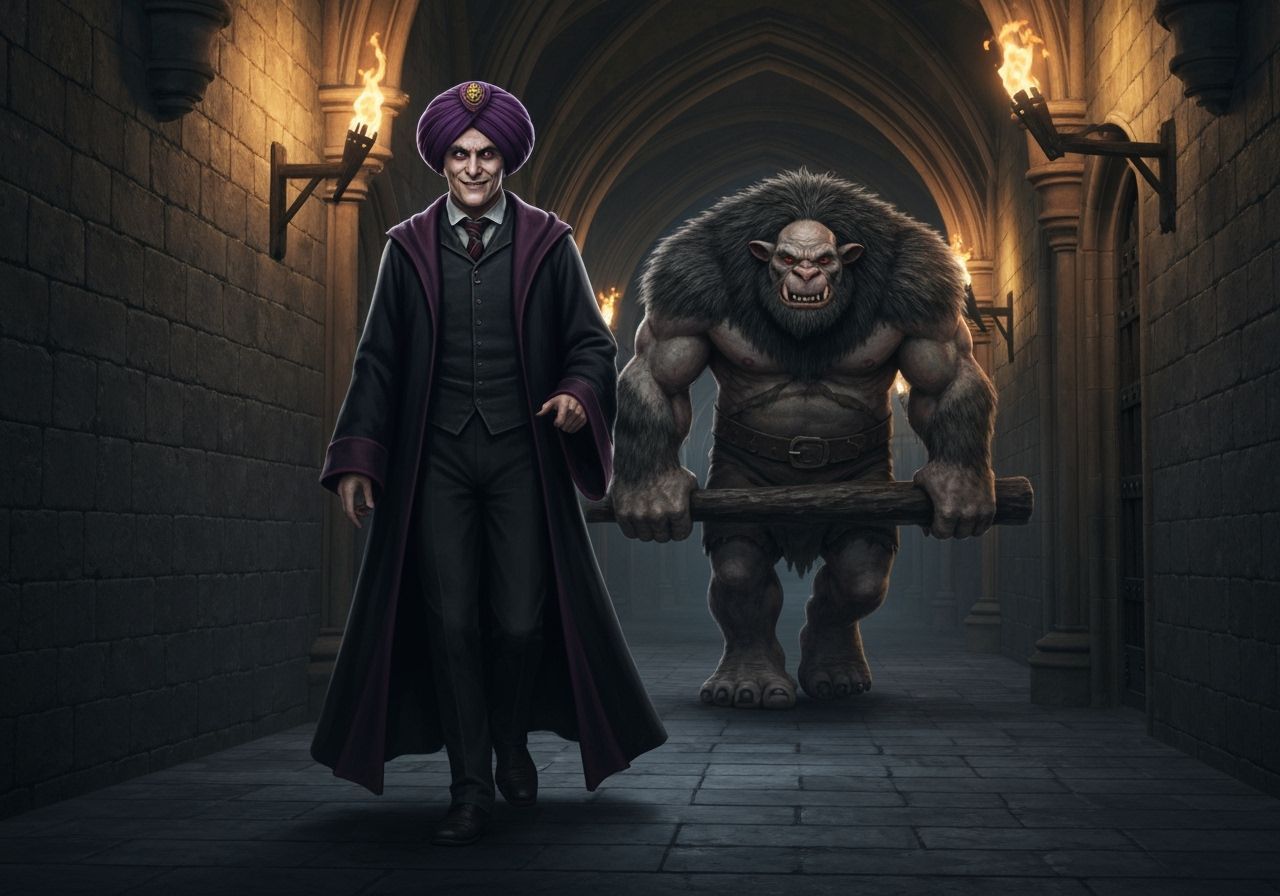 Professor Quirrell and Troll in Hogwarts Corridors
