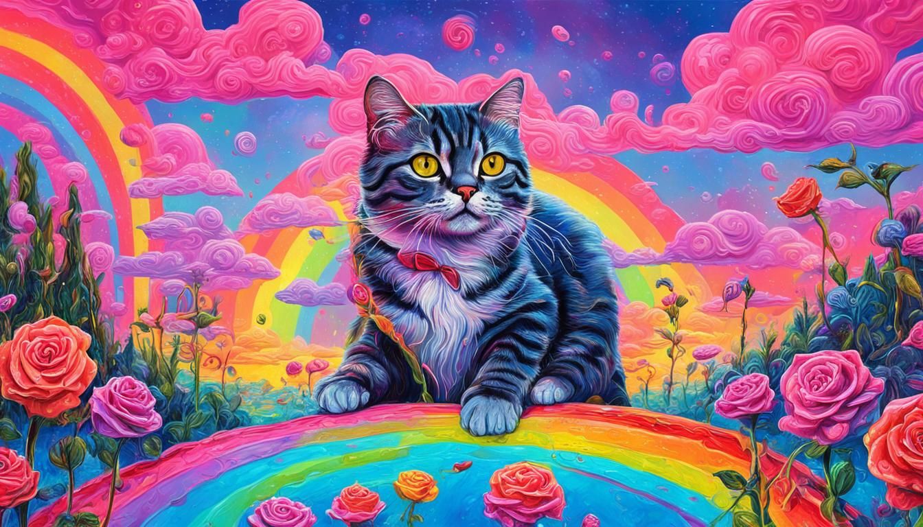Surreal Rose Garden Cat Under Rainy Rainbow