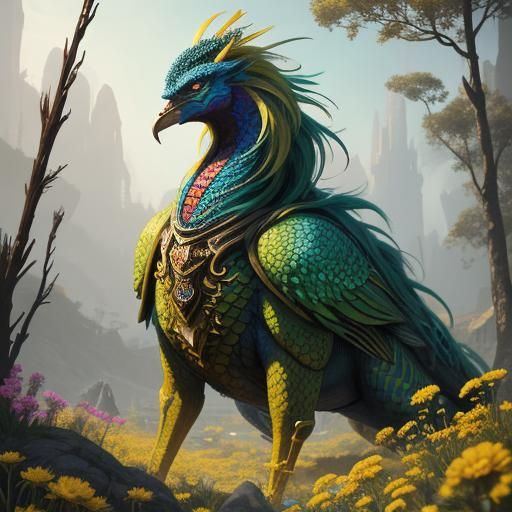 Fantastical Woman and Dragon Peacock: Digital Art