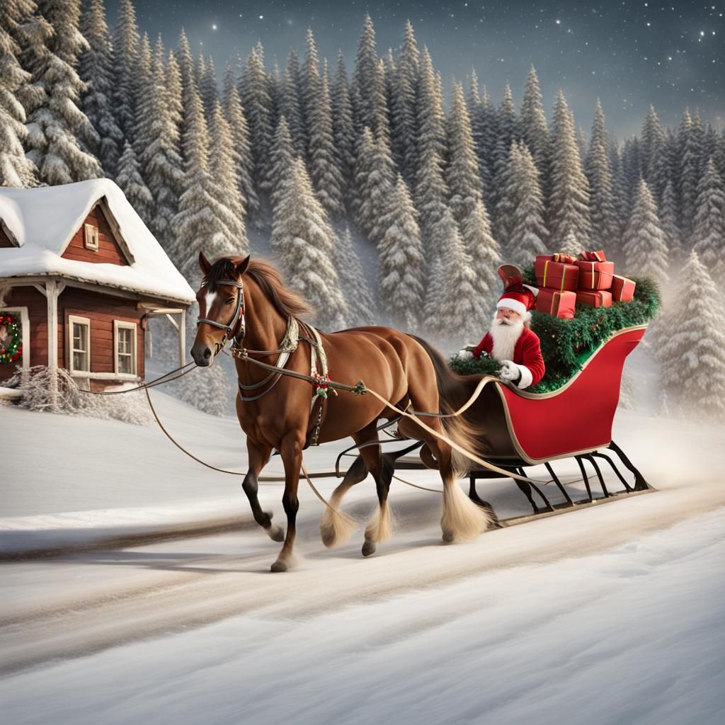 Festive Horse Pulling Sleigh in Christmas Attire