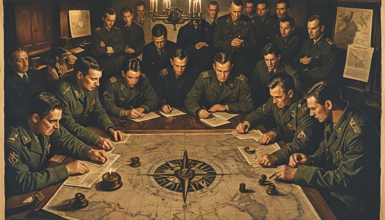 Military strategists gathered around a large wooden table, maps spread out, intense focus on their faces. The room is di...