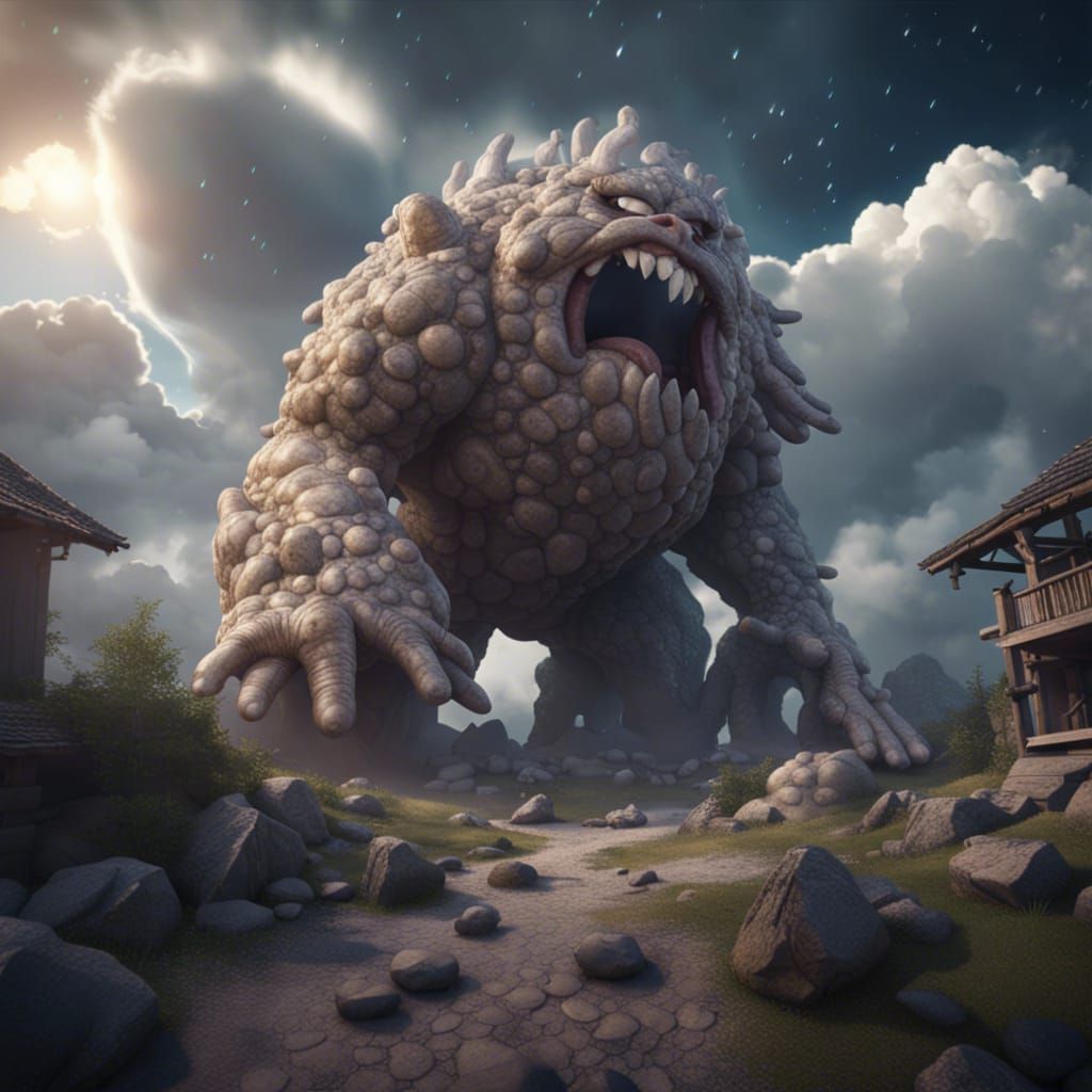 Giant Rock Monster Destroys Village in Hyperrealistic Style