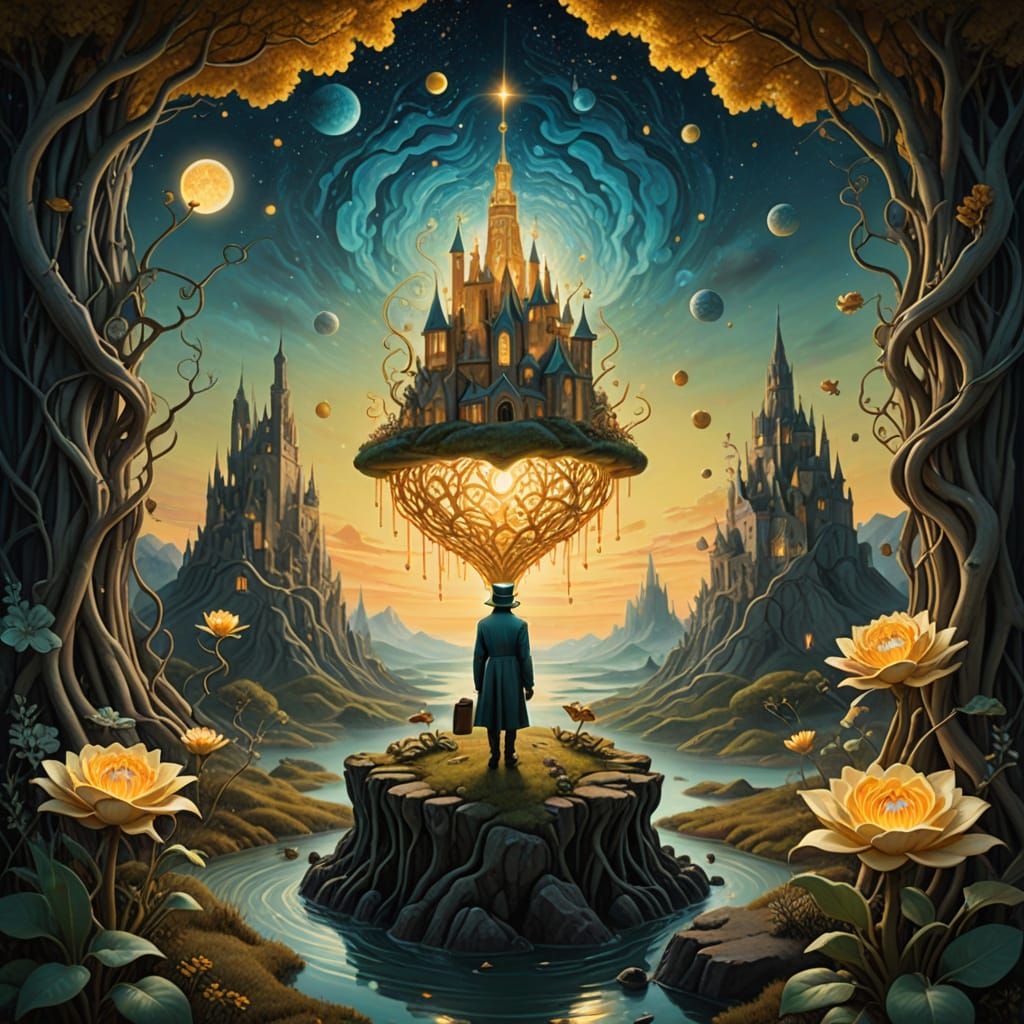 Dreamlike Surrealist Masterpiece with Abstract Sculpture and...