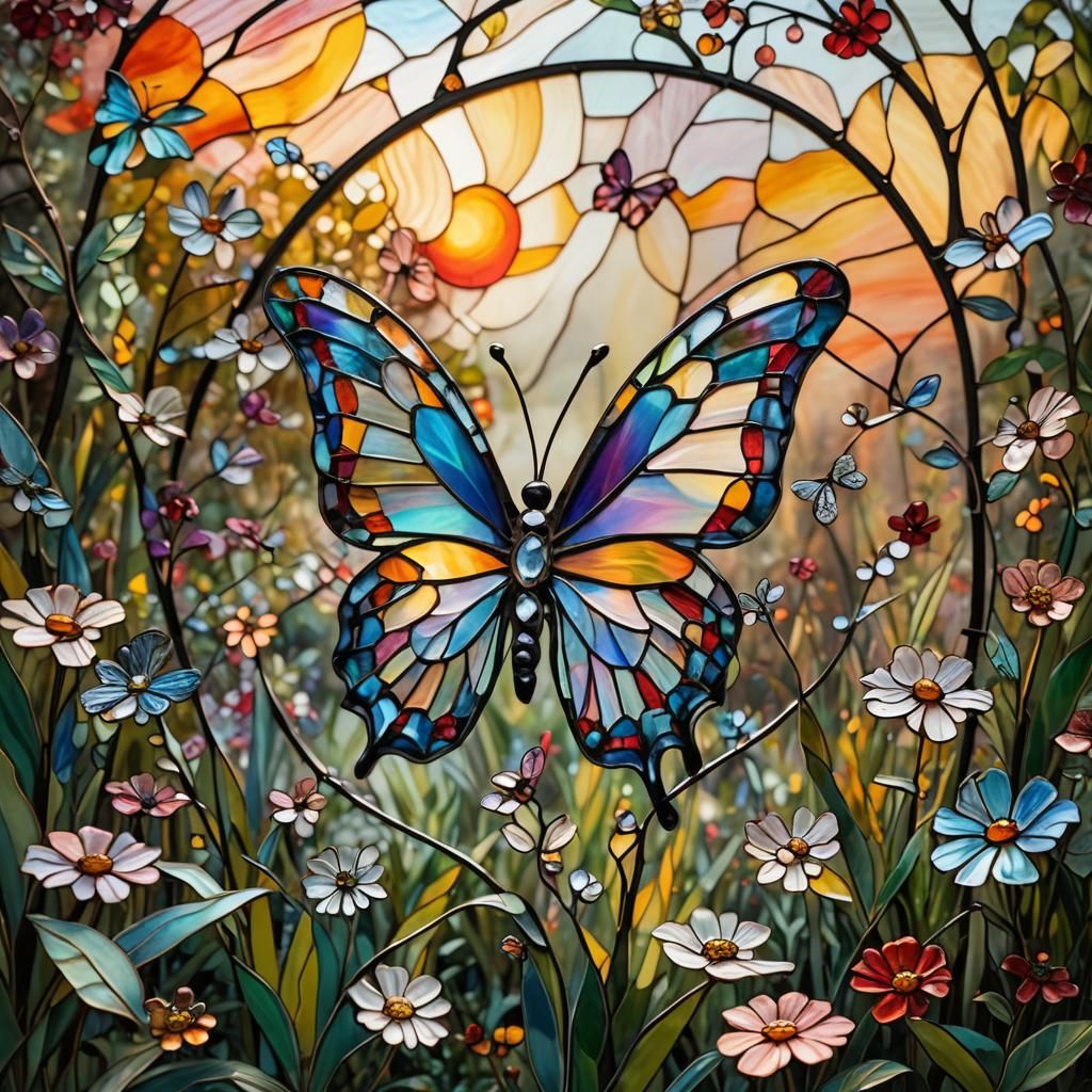 Stained Glass Butterfly in a Whimsical Garden