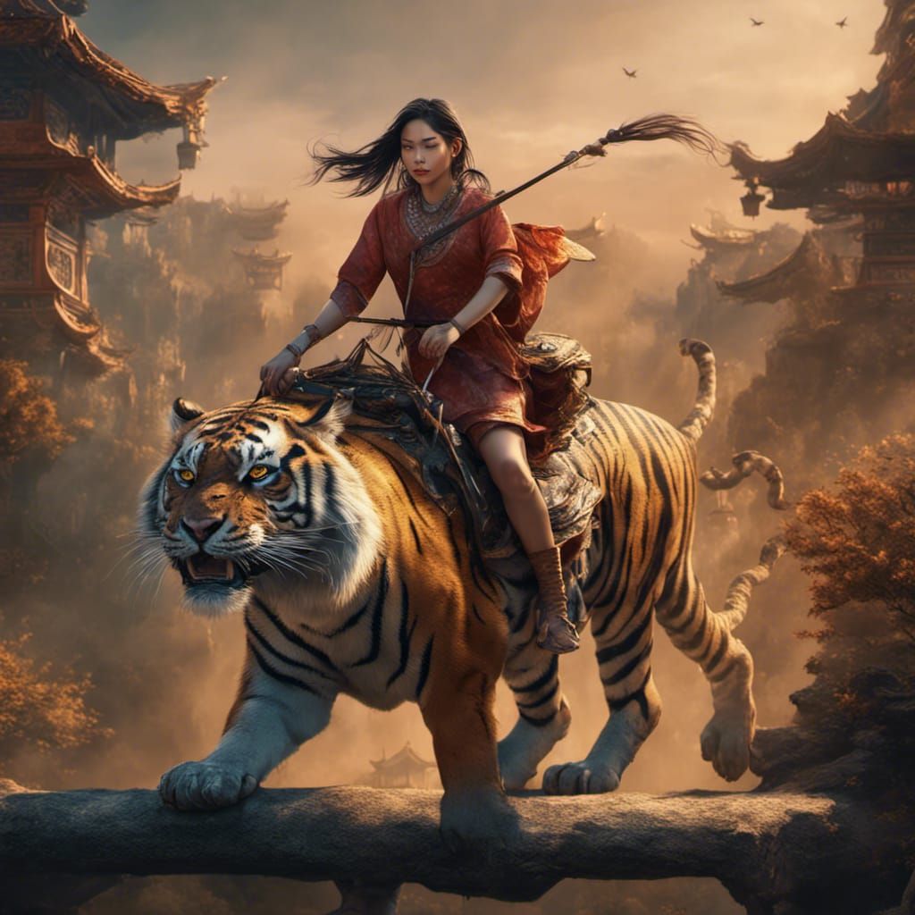 Asian Woman Riding a Tiger: Fantasy Concept Art