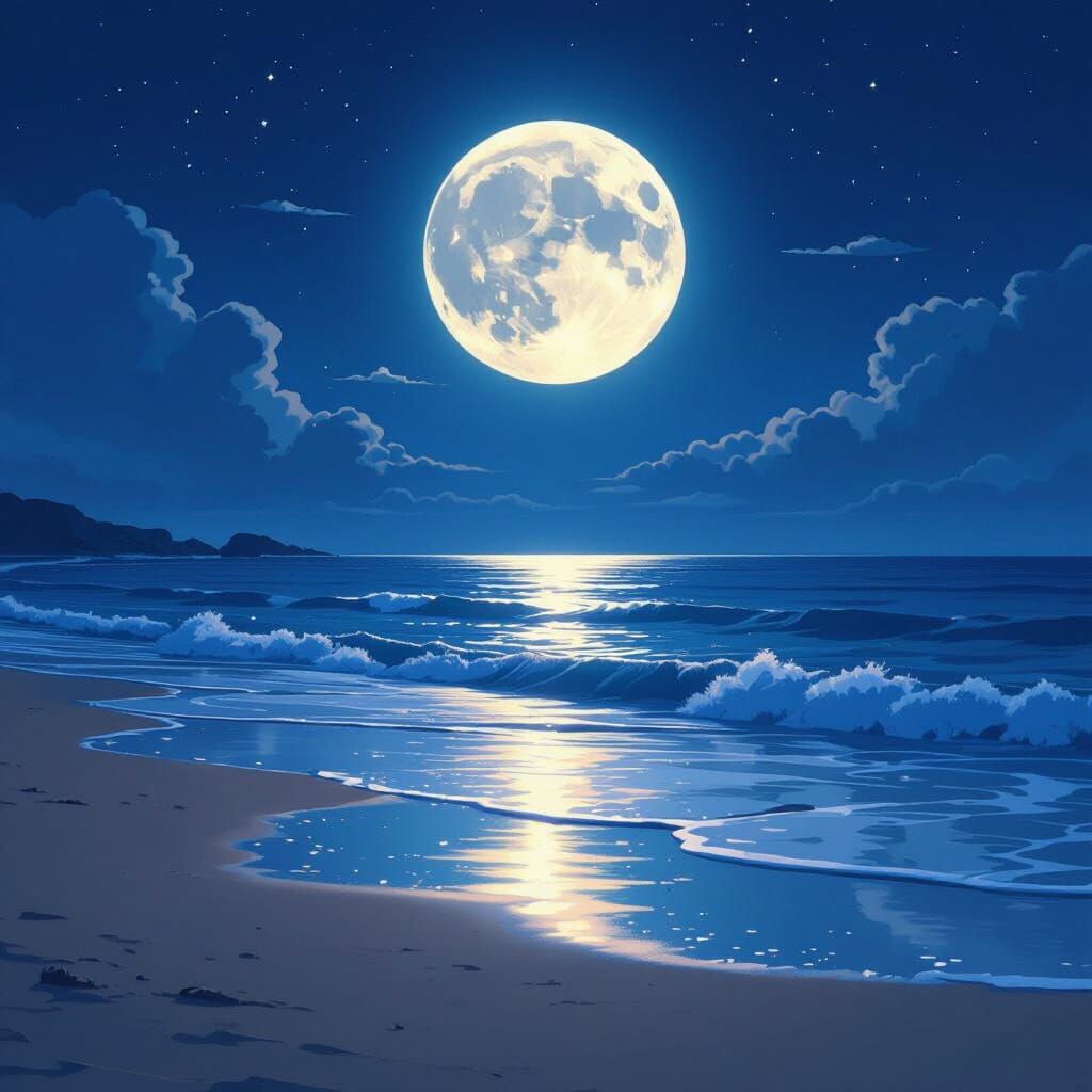 Beach Under Luminous Full Moon in Flat Anime Style