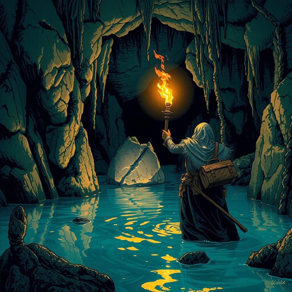 Dark Fantasy Adventuress in Flooded Cave