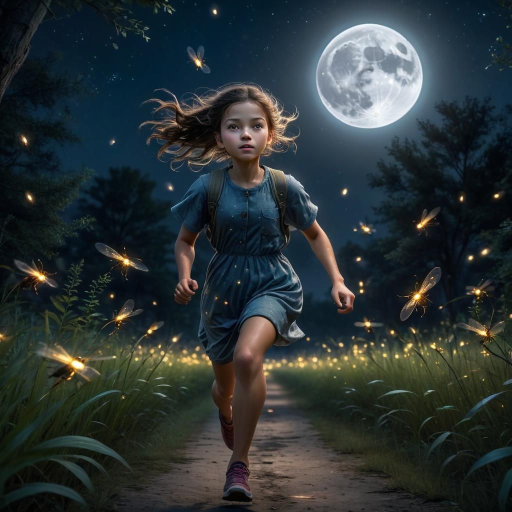 Girl Chasing Fireflies on Summer Night