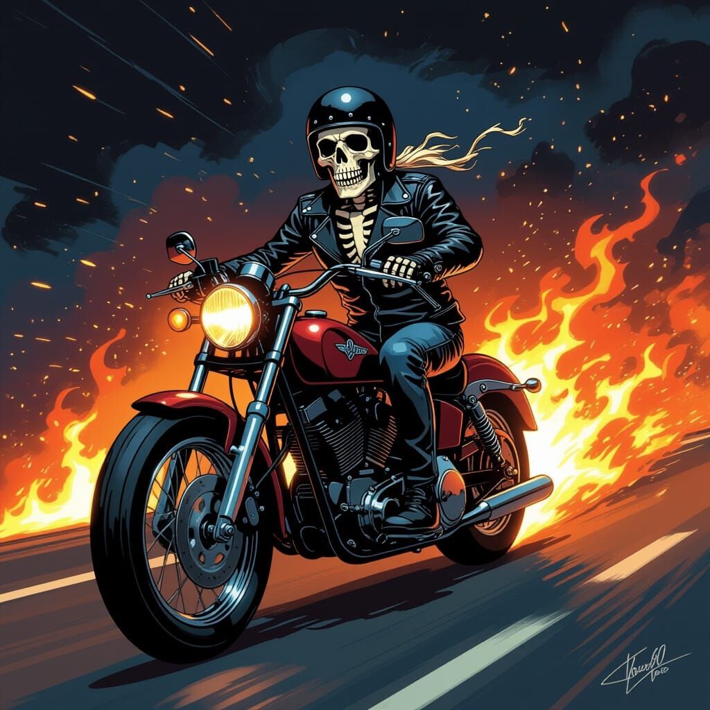 Skeleton Cat Rides Motorcycle in Comic Book Style