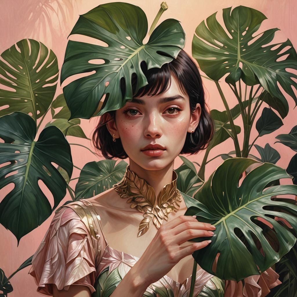 Enchanting Waif with Monstera Leaf: Fantasy Art
