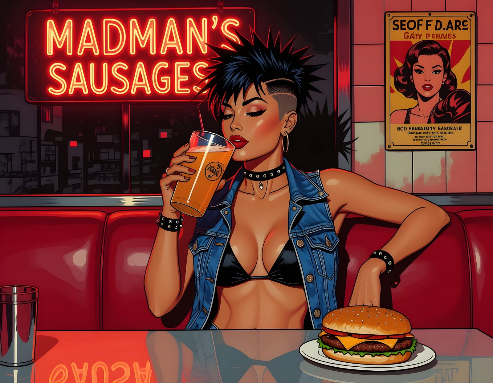 Retro Diner Scene with Denim Bikini in Comic Style