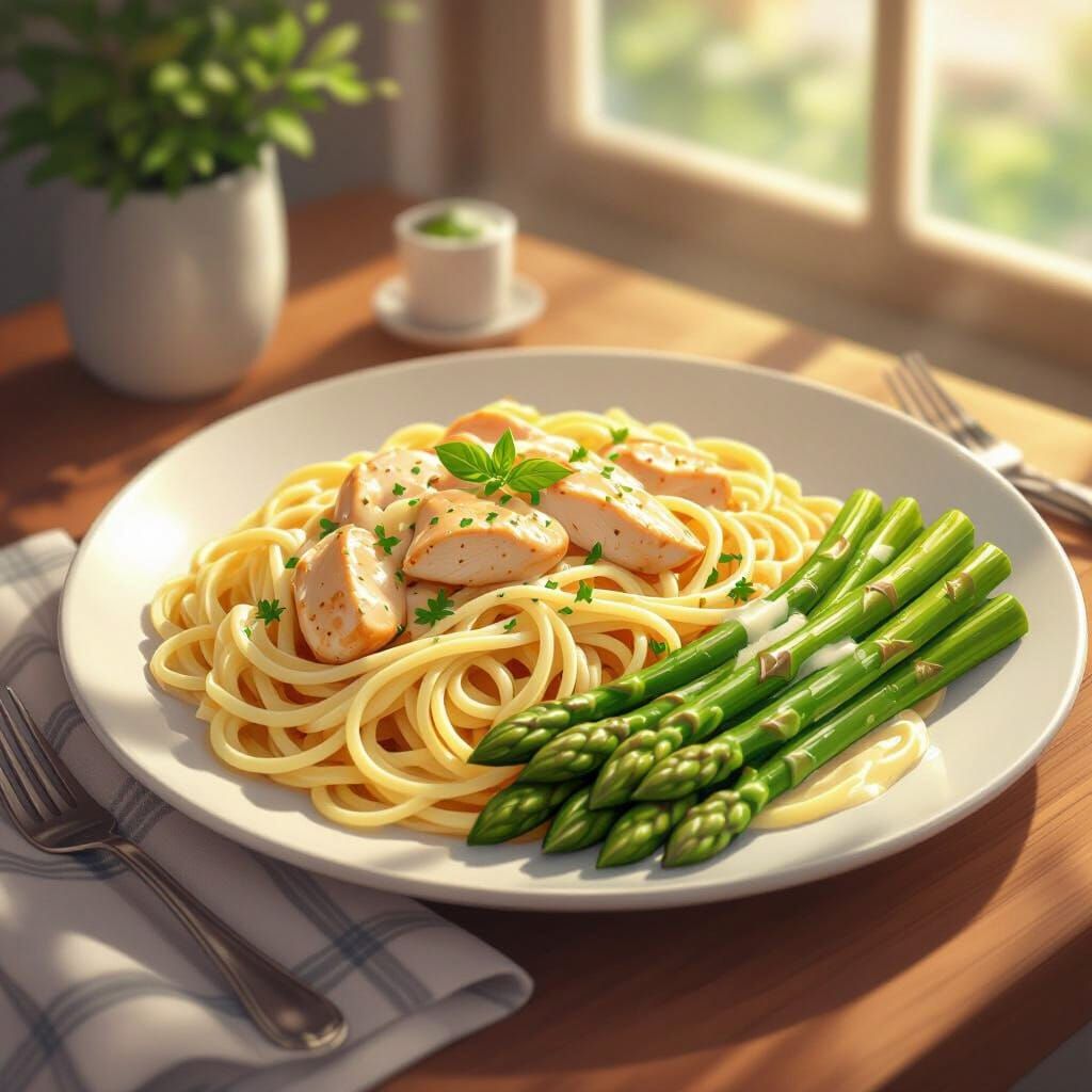 Anime Style Chicken Alfredo and Asparagus Meal