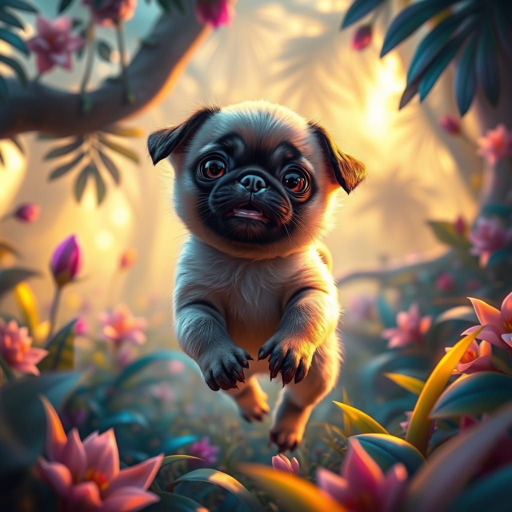 Dreamlike Pug Puppy Hybrid in Vibrant Forest