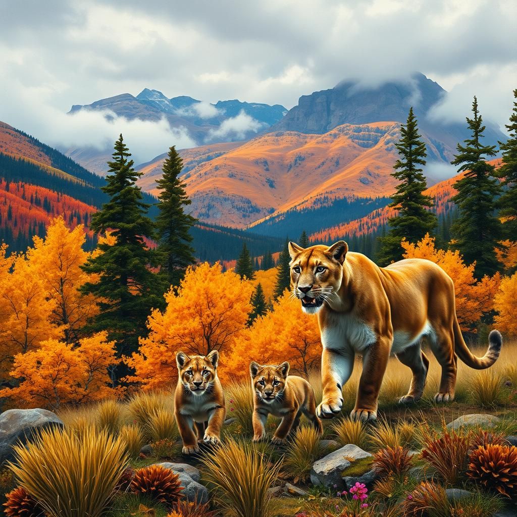 Mountain Lion Family in Autumn Landscape, Impasto Painting