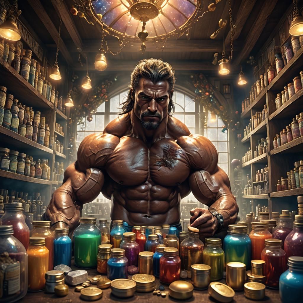 Bodybuilder in Mystical Apothecary with Supplements