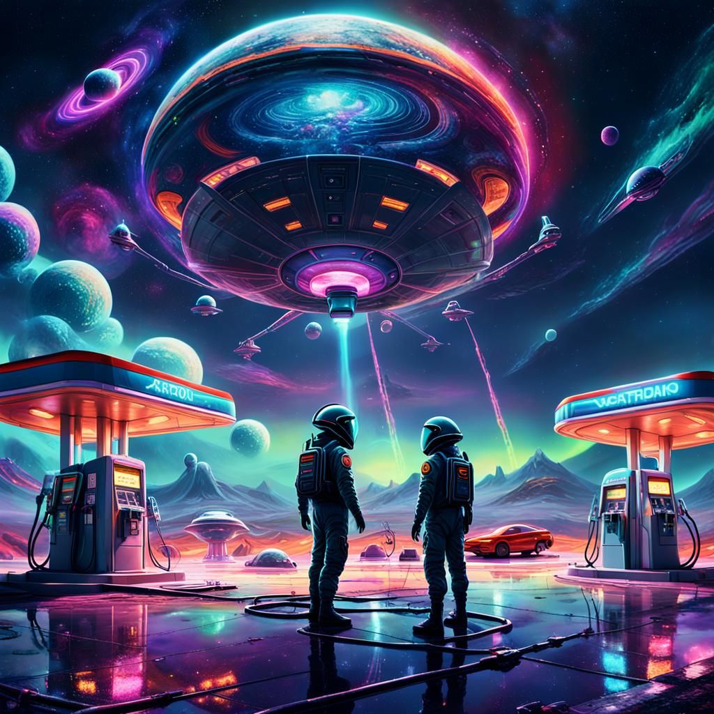 Alien Gas Station on Distant Planet in Oil Painting Style
