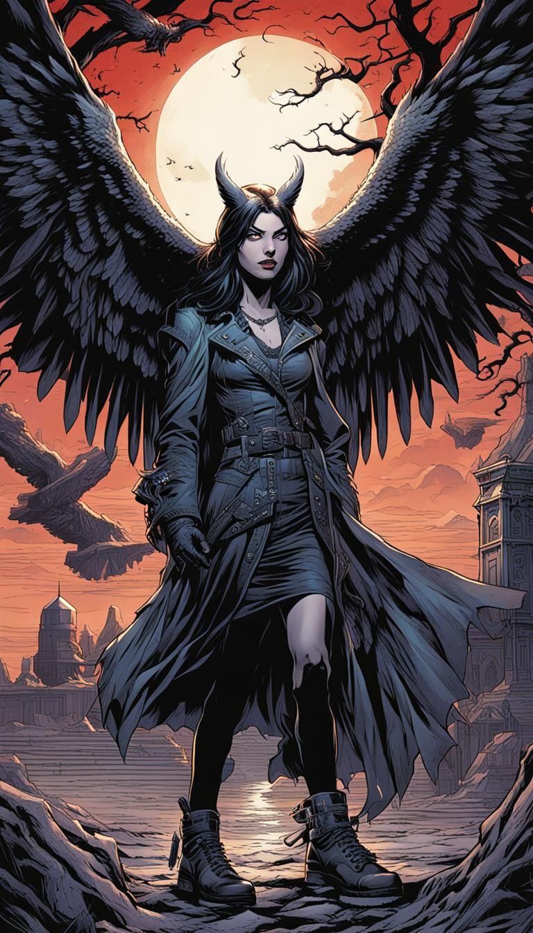 An alluring gothic rock girl and her giant demon owl