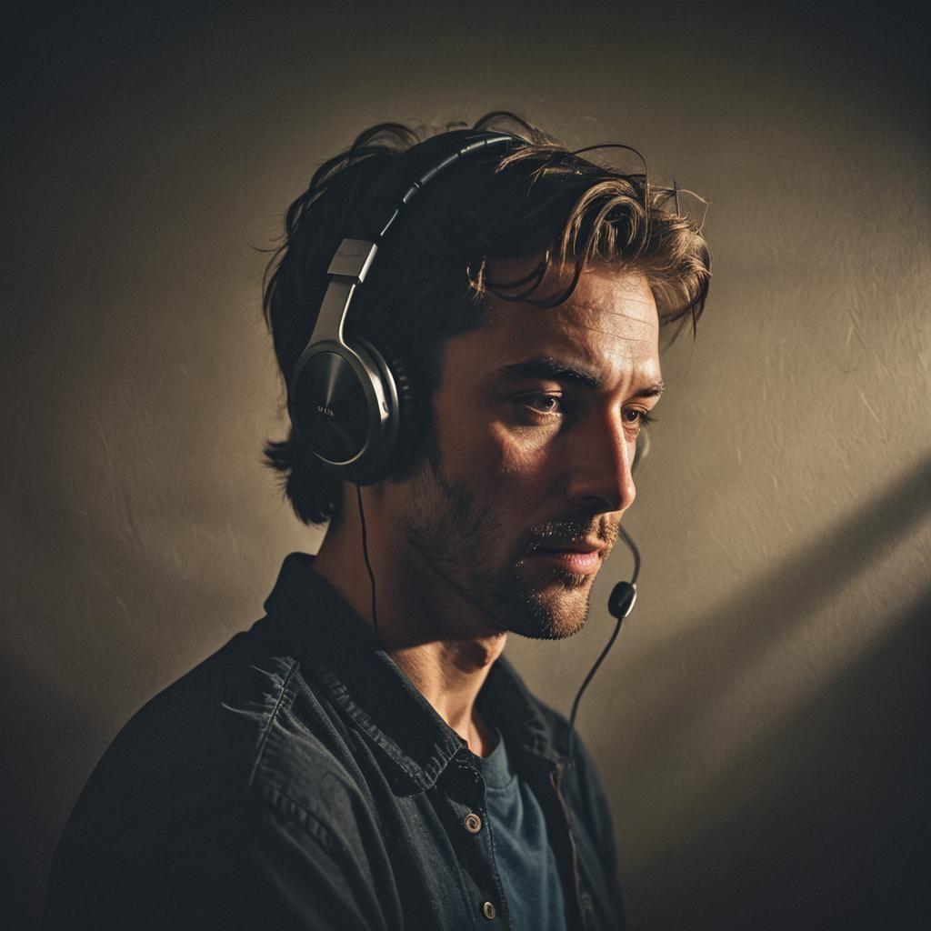 Man Listening to Music in Dimly Lit Room