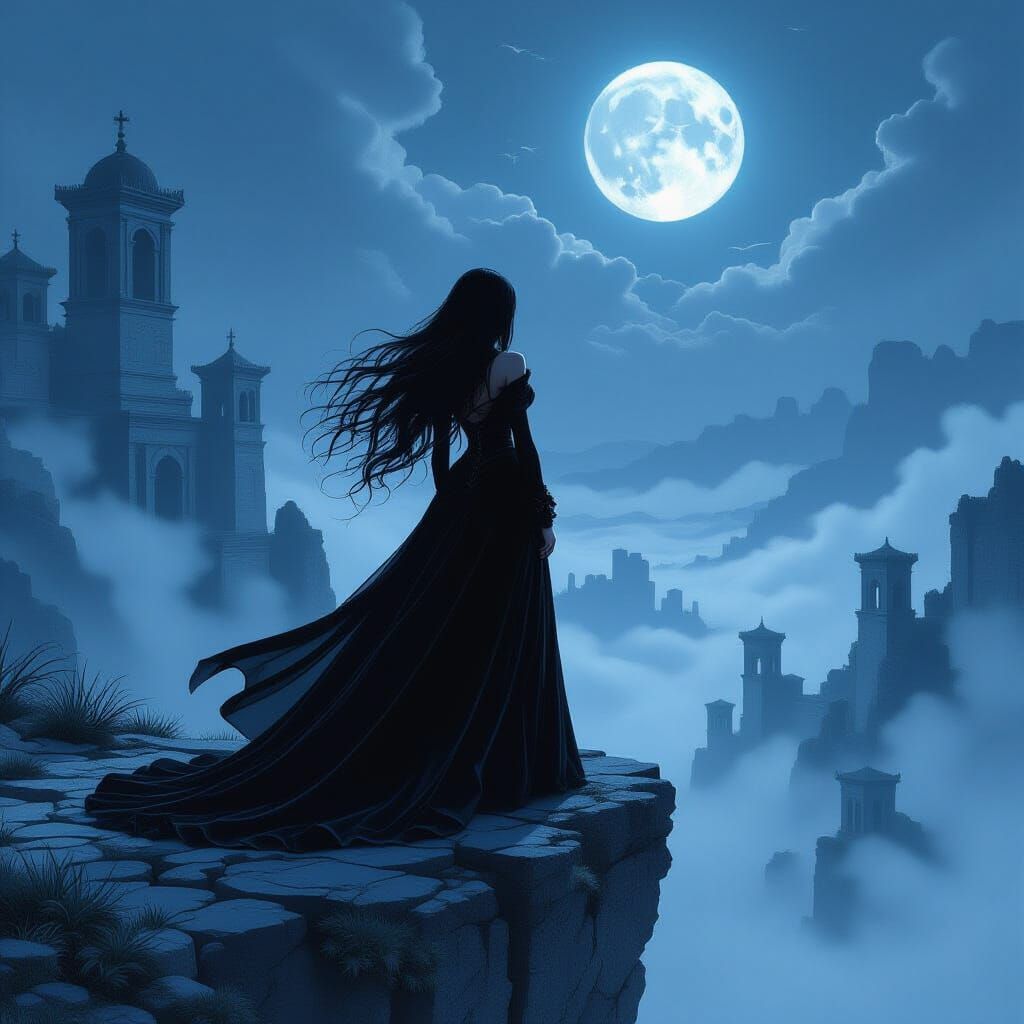 Gothic Queen Overlooks Misty Valley in Anime Style