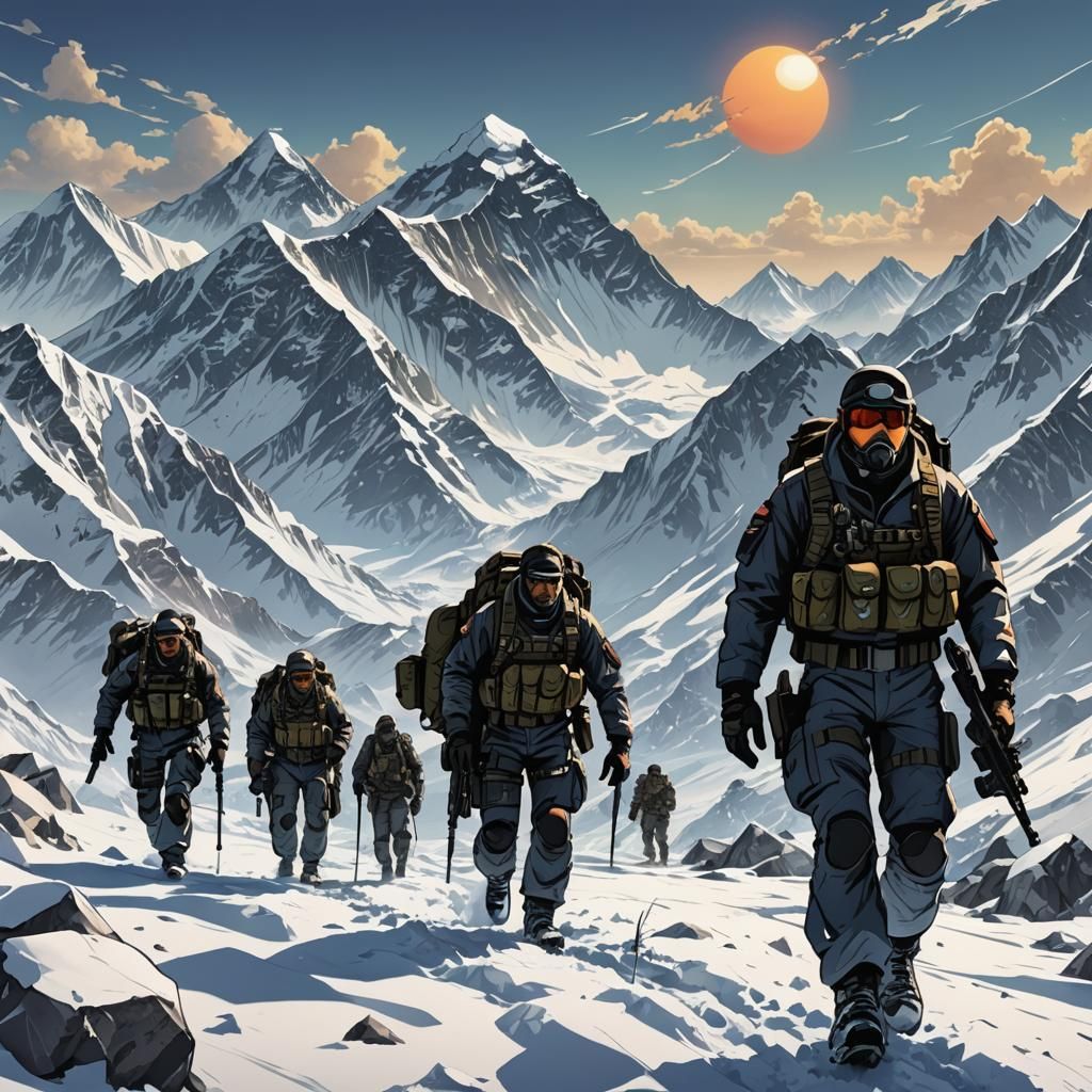 Black Ops Operatives Near Mount Everest in Manga Style