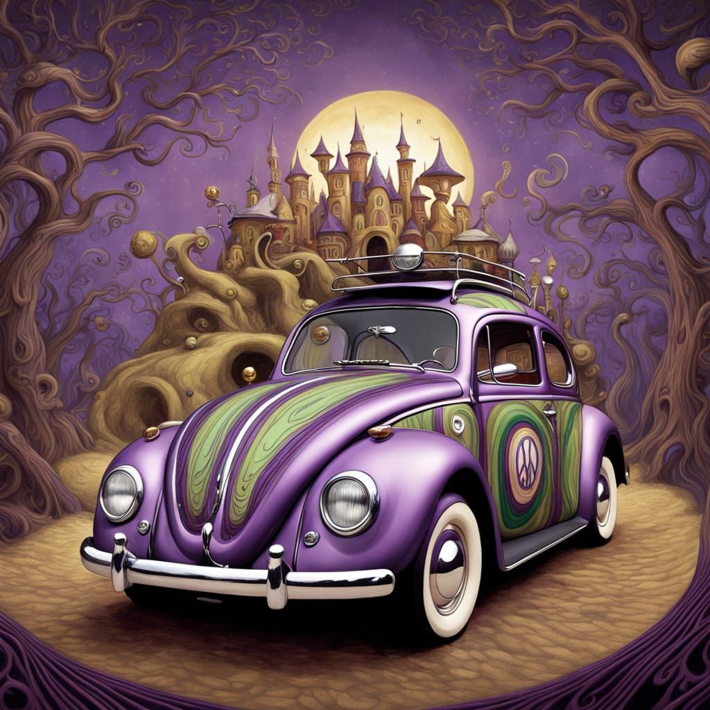 Vintage Volkswagen Beetle in Whimsical, Dreamlike Stripes