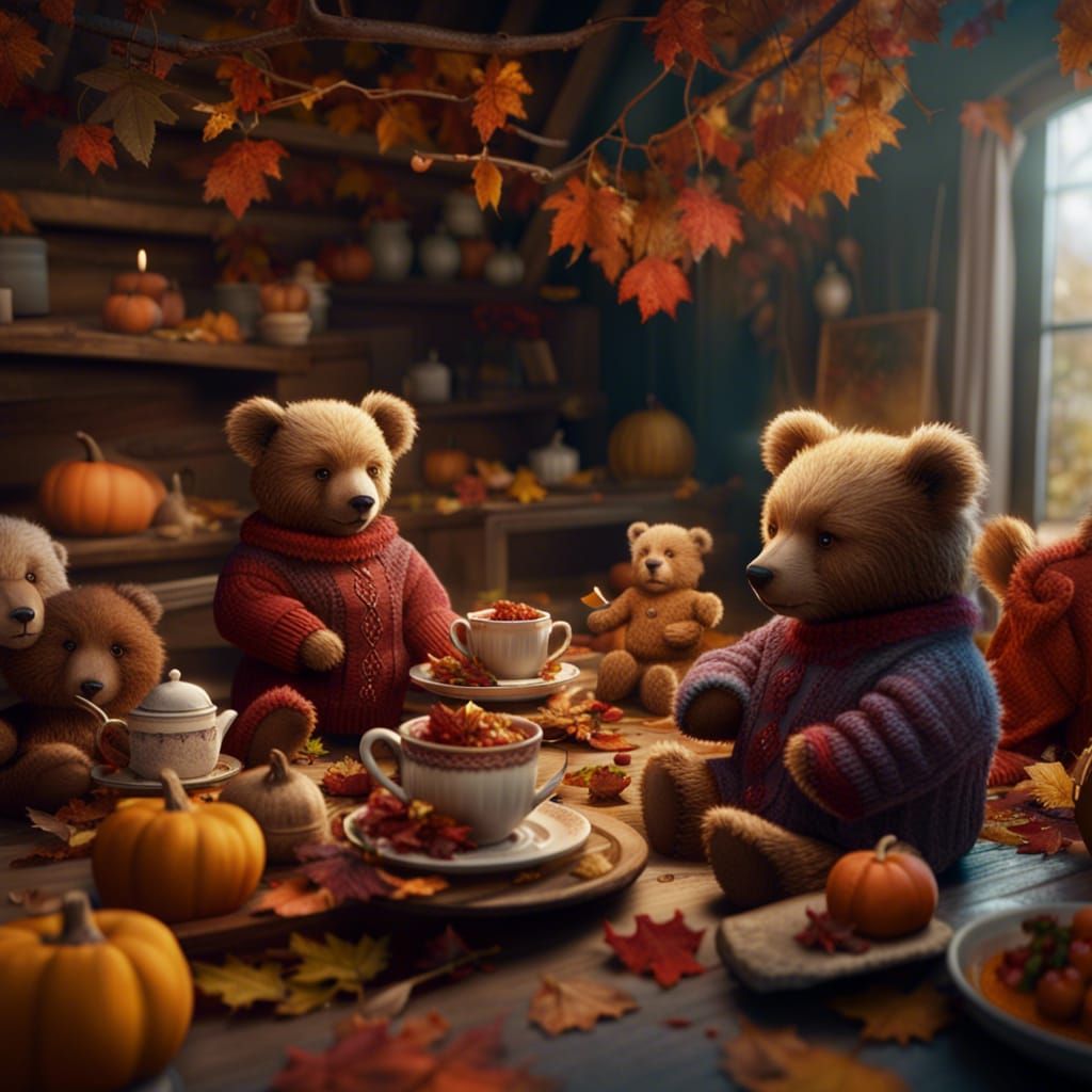 Autumn Teddy Bears Tea Party: Detailed Matte Painting