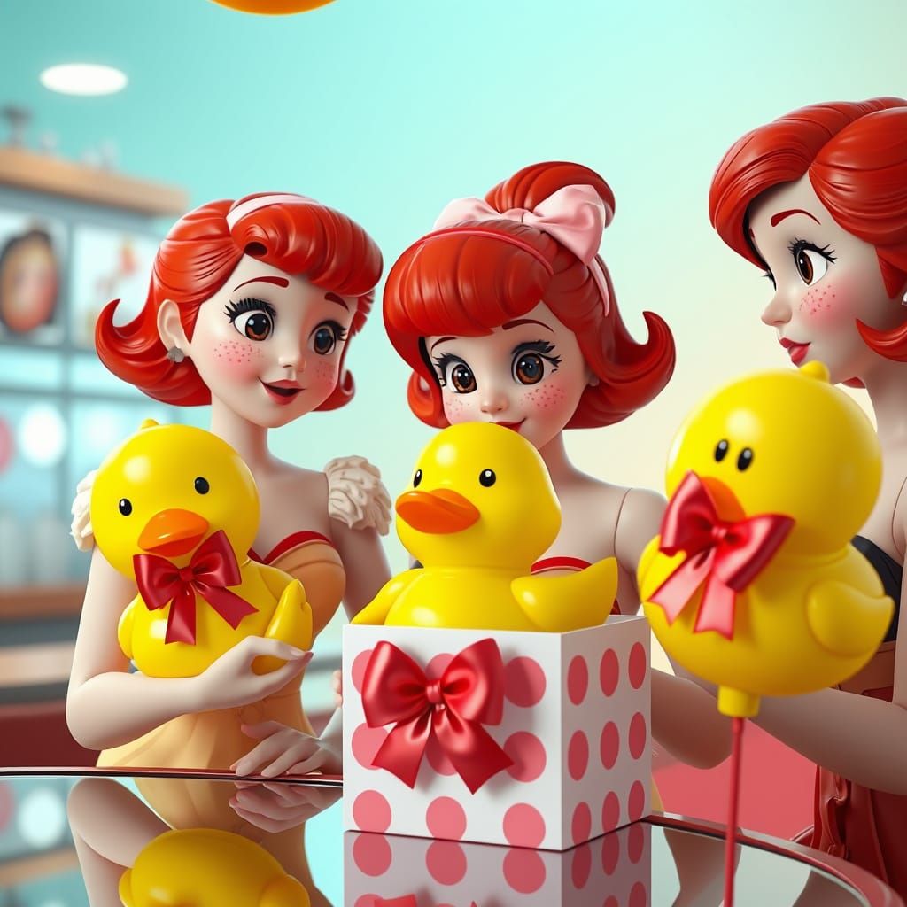 Redhead Pin-Up Girls with Duck Toy, Kawaii 3D Art