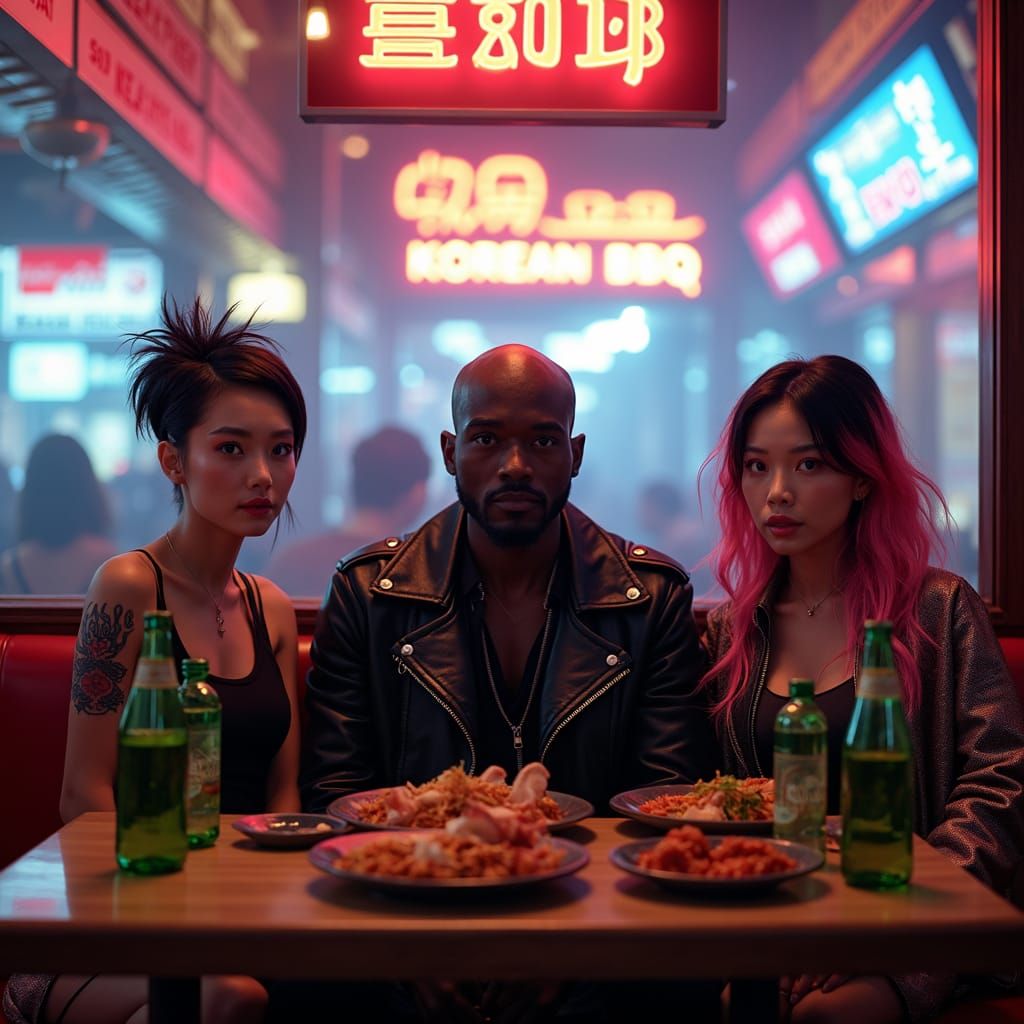 Cyberpunk Korean BBQ with Holographic Ads