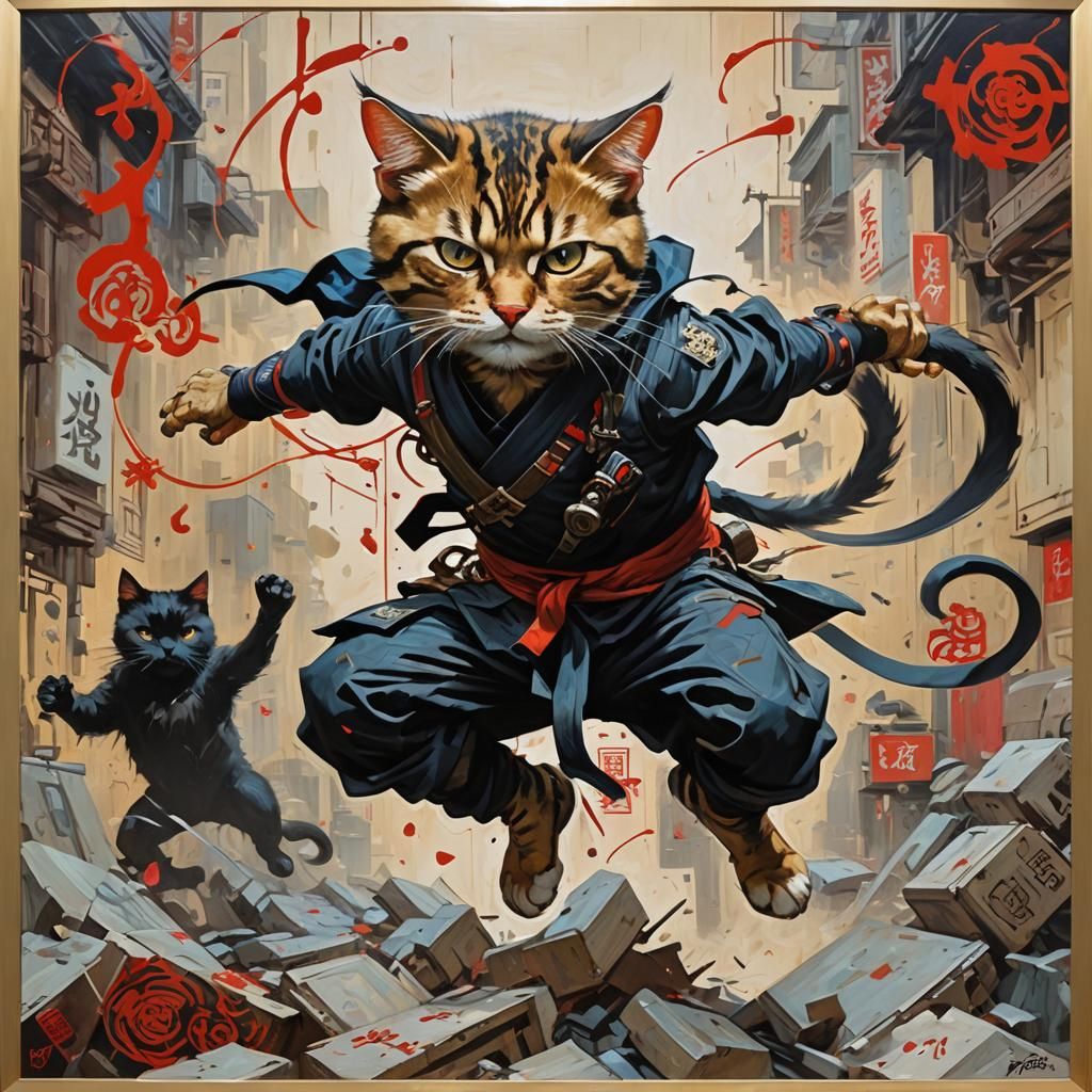 Ninja Cat in Dynamic Action Pose