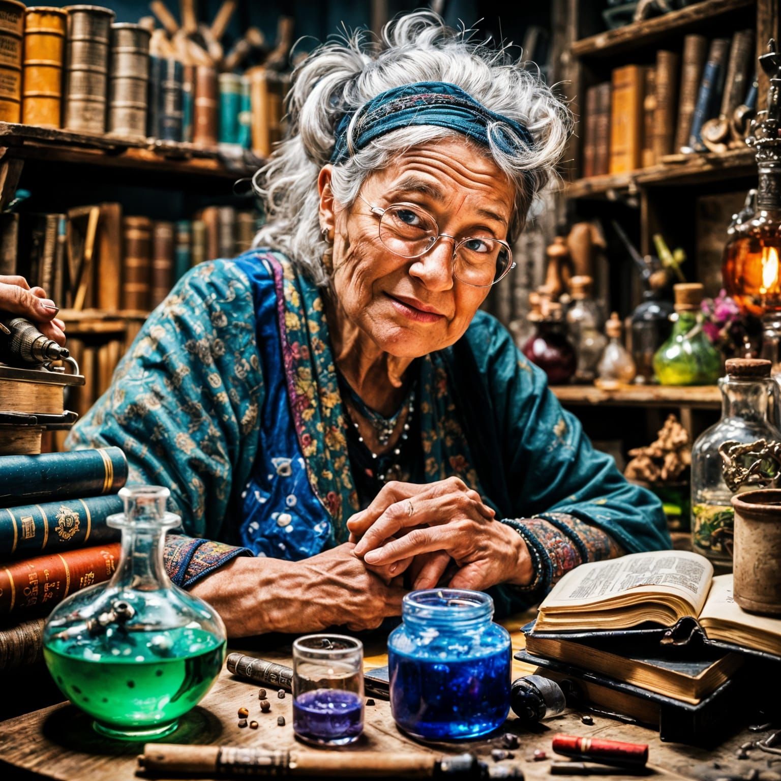 Winking Wizard Woman in Magical Workshop