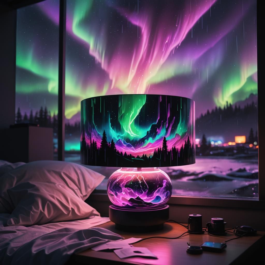 Cyberpunk Lamp Captures Aurora Borealis in Neon Dystopia