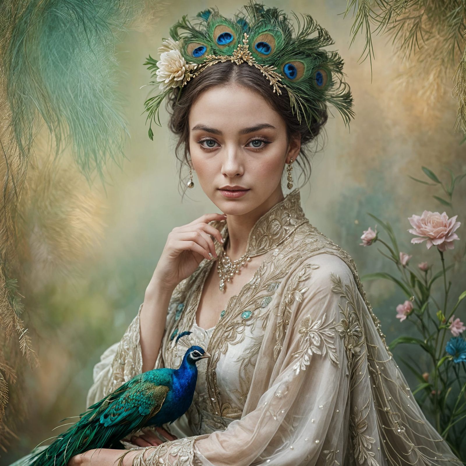 Peacock Feather Crown: A Portrait of Serenity