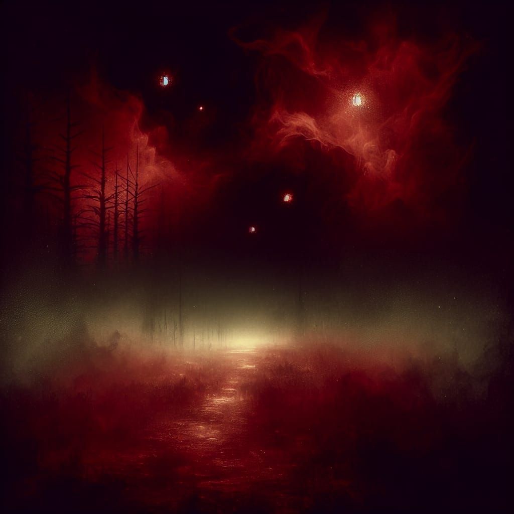 Eerie Forest Path in Crimson Light, Surreal Horror