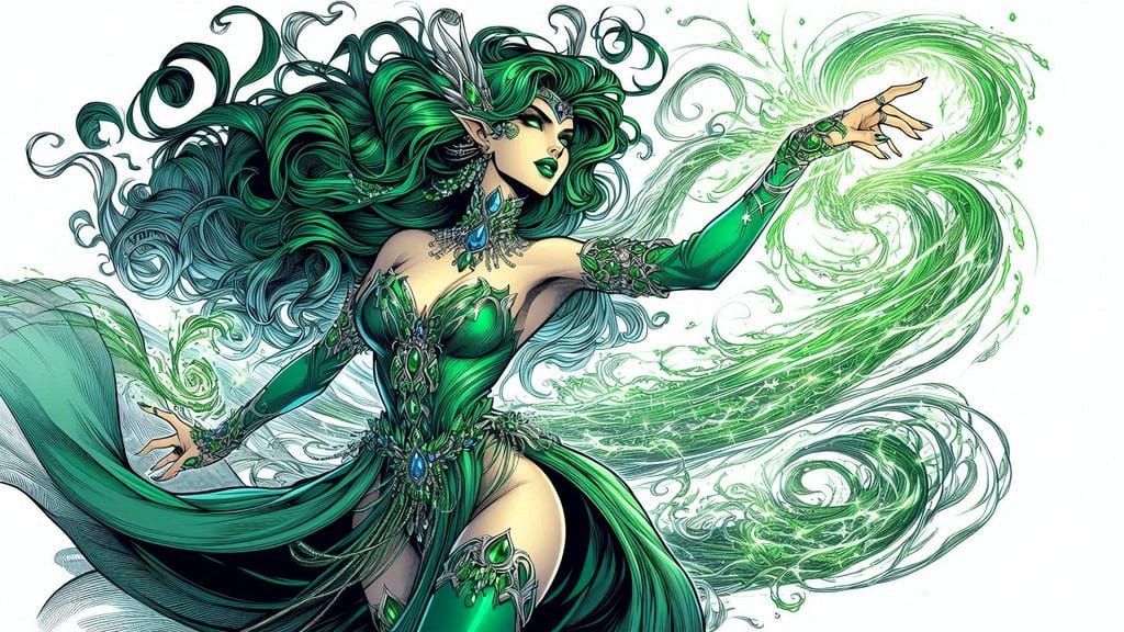 Emerald Enchantress Casting Spell in Comic Book Style